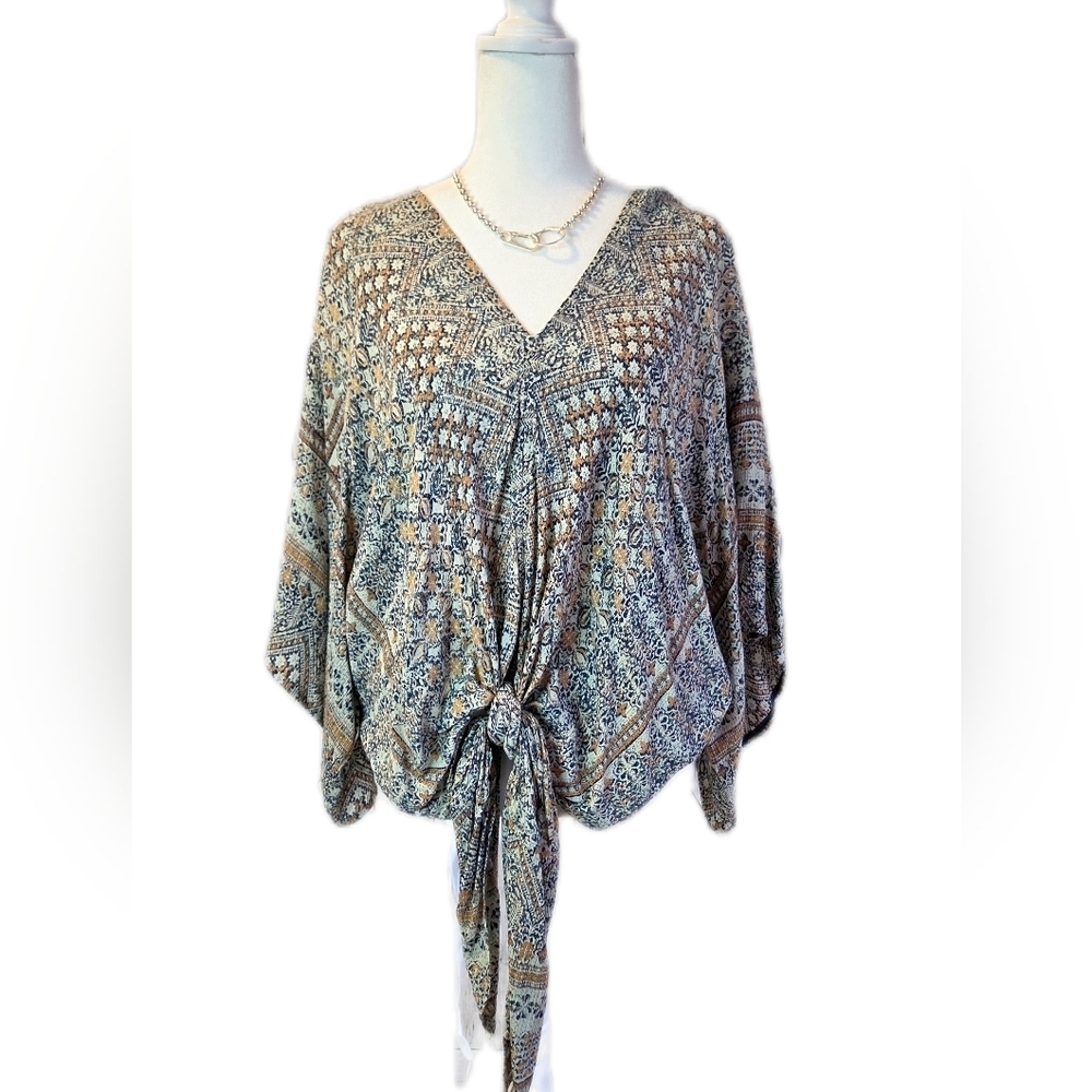 Lola Patterned Boho Blouse in Blue and Brown